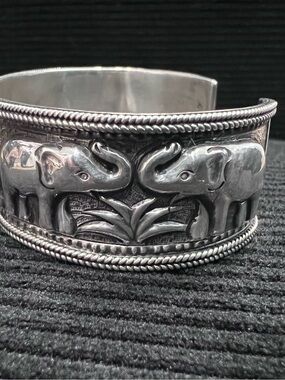 Elephant Motif Silver-Tone Cuff Bracelet from Thailand